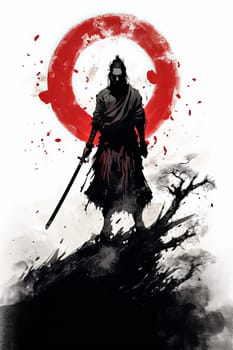 A man in black is holding a sword and standing in front of a red circle. The image has a dark and intense mood, with the red background and the man's menacing pose