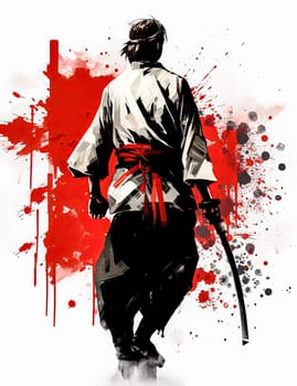 A man in a samurai costume holding a sword with red blood splatters around him. The image has a dark and violent mood, with the red splatters representing bloodshed