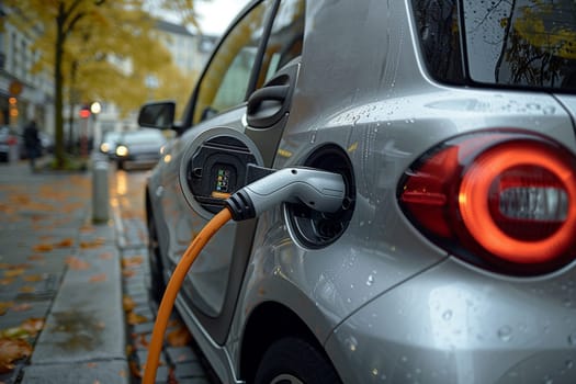 An electric car connected to a charger at a designated station for recharging, with cables visible.