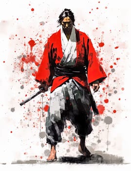 A man in a samurai costume holding a sword with red blood splatters around him. The image has a dark and violent mood, with the red splatters representing bloodshed