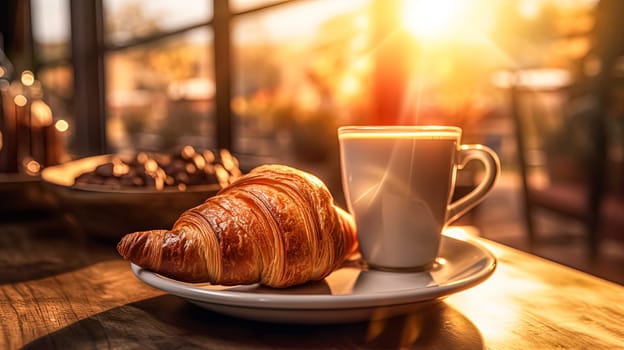 A white coffee cup sits on a white plate next to a croissant. The scene is set in a cafe, with the sun shining through the window. Concept of relaxation and enjoyment