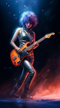 A woman is holding a guitar and wearing a leather jacket. The image is in a dark color scheme and has a moody atmosphere