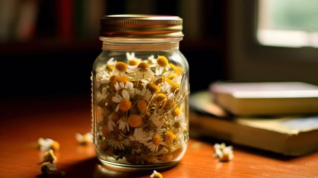 A jar filled with yellow and white flowers sits on a table next to a book. The jar is half full and the flowers are scattered around it. Concept of calm and relaxation, as the flowers