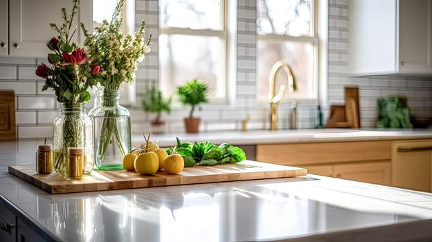 A kitchen counter with four glass jars of different sizes and a white cup. The jars are filled with various grains and the cup is empty. Concept of organization and order