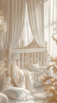 An interior design featuring a bedroom with a crib and a bed, white curtains, wooden furniture, and a comfortable chair. Perfect for a cozy living room in a house