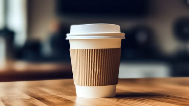 A coffee cup with a white lid and a brown sleeve sits on a wooden table. The cup is almost empty, with only a small amount of coffee left in it. Concept of relaxation and leisure
