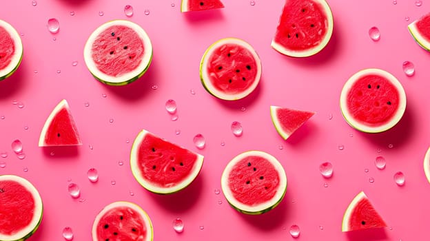 A close up of watermelon slices on a pink background. The watermelon slices are arranged in a way that they look like they are falling from the sky