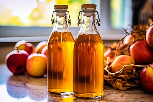 Two bottles of apple cider sit on a table next to a pile of apples. The apples are red and green, and the cider is clear and golden. Concept of warmth and comfort, as the apples