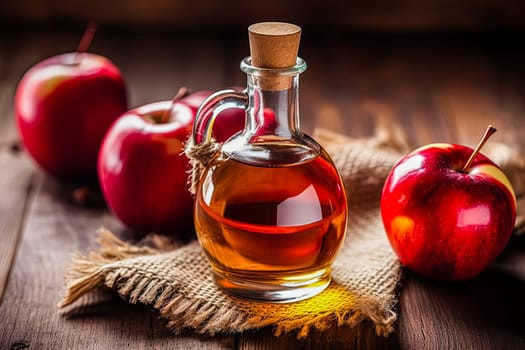 A bottle of apple cider sits on a table with several apples. The apples are arranged in a basket and are placed next to the bottle. Concept of warmth and comfort, as the apple cider