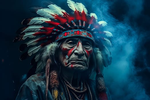 A man wearing a red and blue headdress with smoke coming out of his mouth