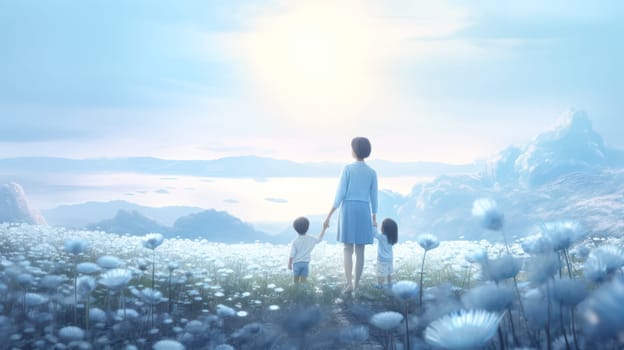 A woman and a child are standing in a field of blue flowers. The woman is holding the child's hand, and they both seem to be enjoying the beautiful scenery