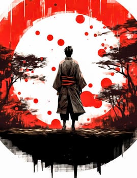 A man stands in front of a red moon. The man is holding a sword and he is a warrior. The image has a dark and mysterious mood, with the red moon and the man's silhouette creating a sense of danger