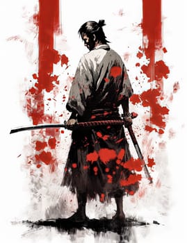 A man in a samurai costume holding a sword with red blood splatters around him. The image has a dark and violent mood, with the red splatters representing bloodshed