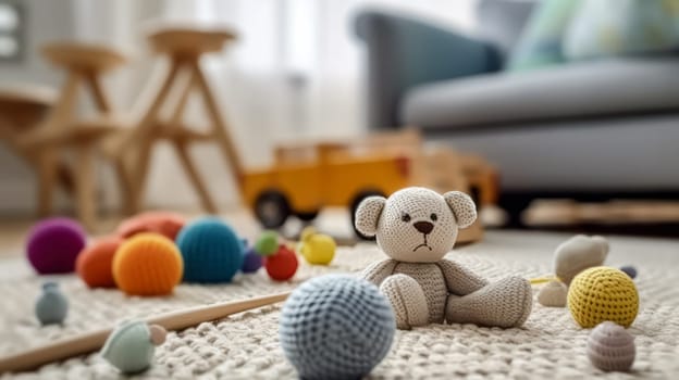 A teddy bear is sitting on a rug next to a pile of colorful balls. The scene is playful and inviting, with the teddy bear and balls creating a sense of warmth and comfort