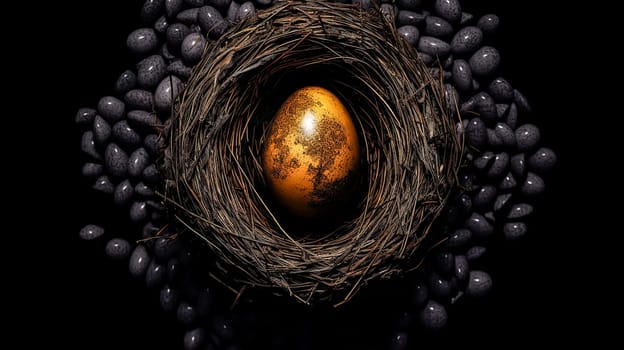 A nest with a small egg in the center. The nest is surrounded by a pile of black rocks