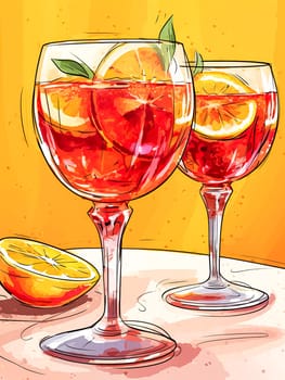 Two wine glasses filled with a red drink and a slice of orange. The drink is garnished with a sprig of mint