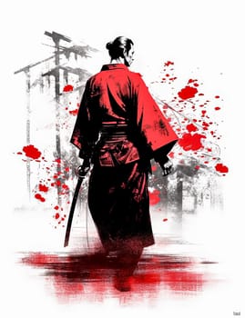 A man in a samurai costume holding a sword with red blood splatters around him. The image has a dark and violent mood, with the red splatters representing bloodshed