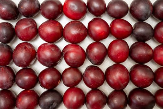 Many red plums stacked in rows on a white background.