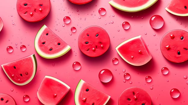 A close up of watermelon slices on a pink background. The watermelon slices are arranged in a way that they look like they are falling from the sky