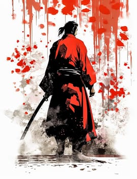 A man in a samurai costume holding a sword with red blood splatters around him. The image has a dark and violent mood, with the red splatters representing bloodshed