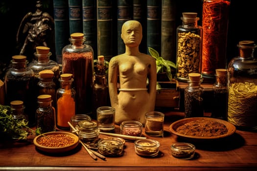 A table full of spices and herbs, including cinnamon, cumin, and pepper. The spices are arranged in small jars and bowls, and there is a spoon nearby. Concept of abundance and variety