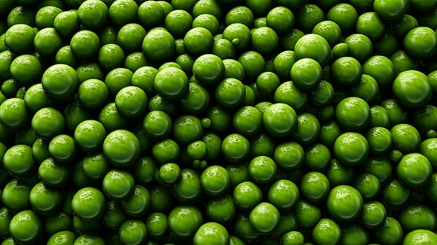 A cluster of vibrant green peas neatly arranged on a wooden table, exuding freshness and inviting one to enjoy their crisp and flavorful taste.