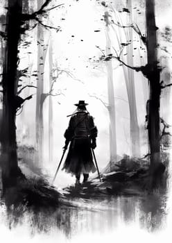 A man is walking through a forest with a hat on. The image is black and white and has a moody, mysterious feel to it