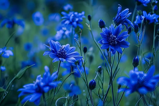 A close up of blue flowers with a blue background. The flowers are in full bloom and the blue color is vibrant and eye-catching