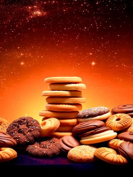 A row of assorted cookies and pastries are displayed on a table. The variety of treats includes donuts, cookies, and other baked goods. Concept of abundance and indulgence