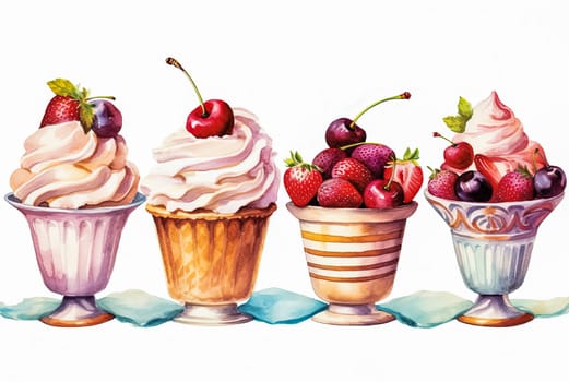 Four different types of cupcakes with cherries and strawberries on top. The cupcakes are in different colors and sizes, and they are arranged in a row. Concept of variety and abundance