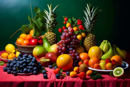 A table full of fruit including apples, oranges, bananas, and grapes. Concept of abundance and freshness