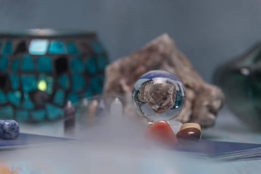 Fortune Telling Table with a crystal ball and tarot cards