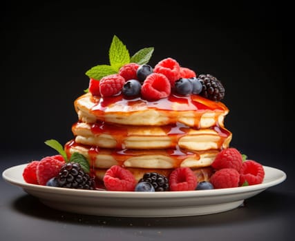 American pancakes with fresh blueberry, raspberry and honey. Healthy morning breakfast.