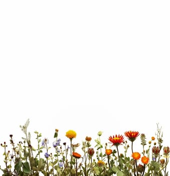 A field of yellow flowers with a white background. The flowers are in full bloom and the grass is tall. Concept of warmth and happiness, as the bright colors of the flowers