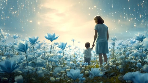 A woman and a child are standing in a field of blue flowers. The woman is holding the child's hand, and they both seem to be enjoying the beautiful scenery