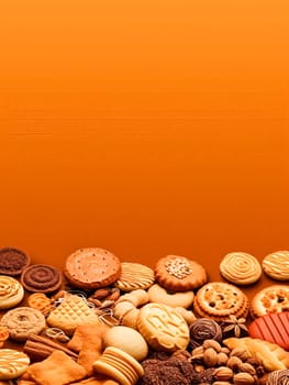 A row of assorted cookies and pastries are displayed on a table. The variety of treats includes donuts, cookies, and other baked goods. Concept of abundance and indulgence