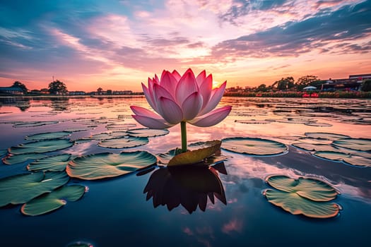A beautiful pink flower is floating on the surface of a pond. The water is calm and the sky is a warm orange color. Concept of tranquility and peace