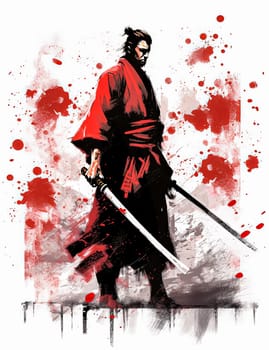 A man in a samurai costume holding a sword with red blood splatters around him. The image has a dark and violent mood, with the red splatters representing bloodshed