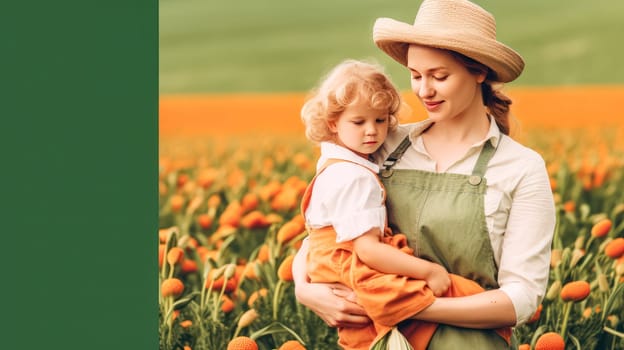 A woman is holding a young girl in a field of orange flowers. The woman is wearing a straw hat and apron. The scene is peaceful and serene, with the bright orange flowers providing a warm