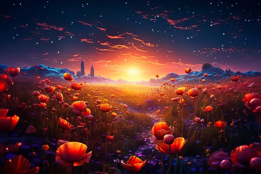 A field of flowers with a single red flower in the middle. The flowers are in full bloom and the sun is shining brightly