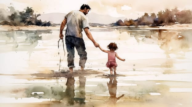 A man and a child are walking together. The man is holding the child's hand. Scene is warm and loving. happy father's day concept