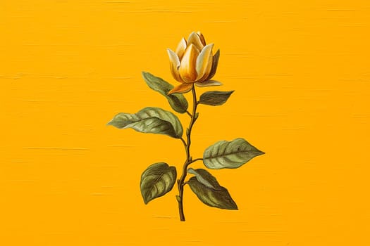 A yellow rose with green leaves is the main focus of the image. The painting has a bright and cheerful mood, with the yellow color of the rose and the green leaves creating a sense of freshness