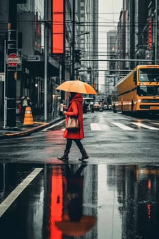 A woman in a red coat is walking down a wet city street with an umbrella. The scene is rainy and the woman is trying to stay dry