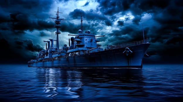 A large ship is in the water with a dark sky in the background. Scene is mysterious and ominous