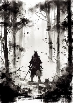 A man is walking through a forest with a hat on. The image is black and white and has a moody, mysterious feel to it