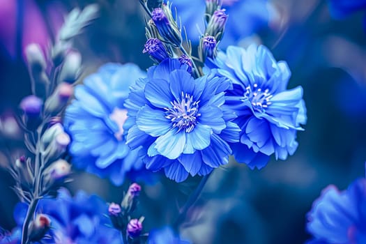 A close up of blue flowers with a blue background. The flowers are in full bloom and the blue color is vibrant and eye-catching