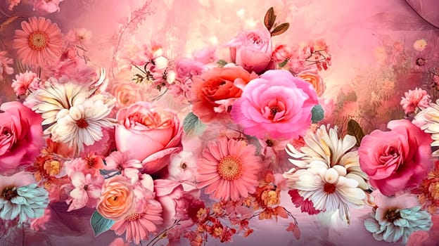 A colorful floral arrangement with pink and white flowers. The flowers are arranged in a way that creates a sense of movement and flow. Scene is one of beauty and serenity