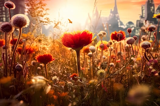 A field of flowers with a single red flower in the middle. The flowers are in full bloom and the sun is shining brightly