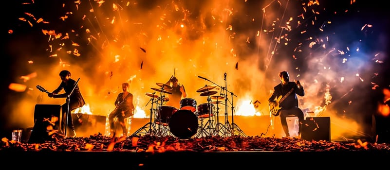 A band is playing on stage with a lot of smoke and fire. The band members are playing their instruments and the audience is watching