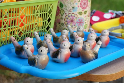 Children's ceramic whistles made of clay. Whistles in the form of birds.